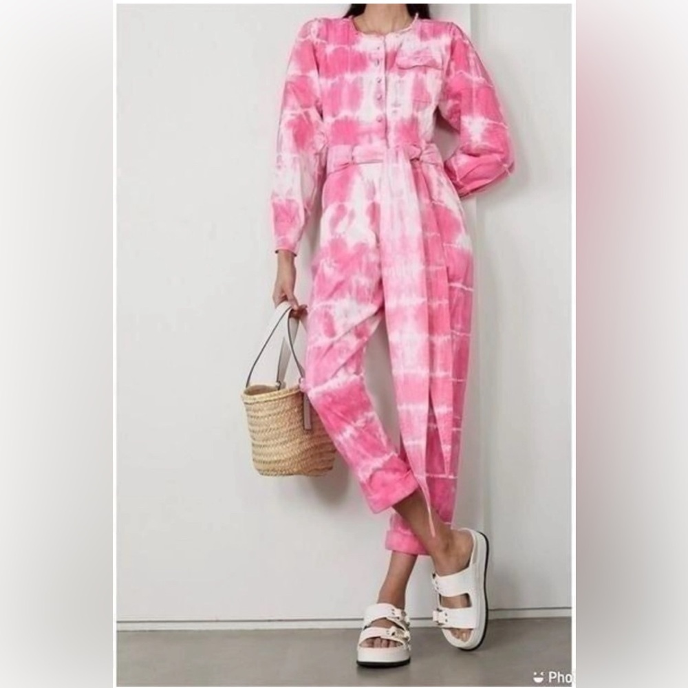 LoveShackFancy Tie Dye Pink Jean Jumpsuit Large